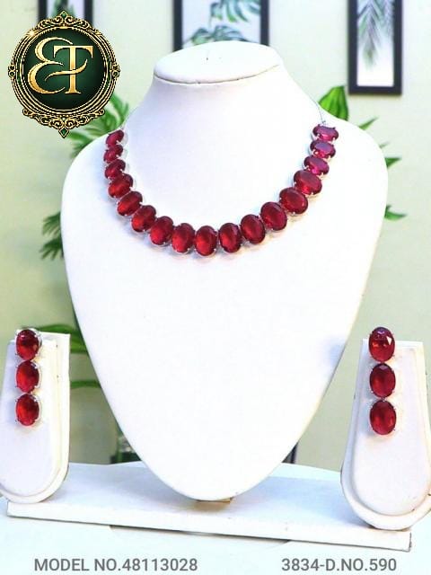 Ruby Red Beaded Necklace & Stud Hoop Earrings Set
