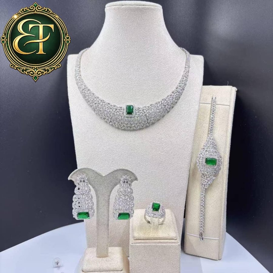 Emerald Accent Bridal Jewelry Set (Silver Tone)